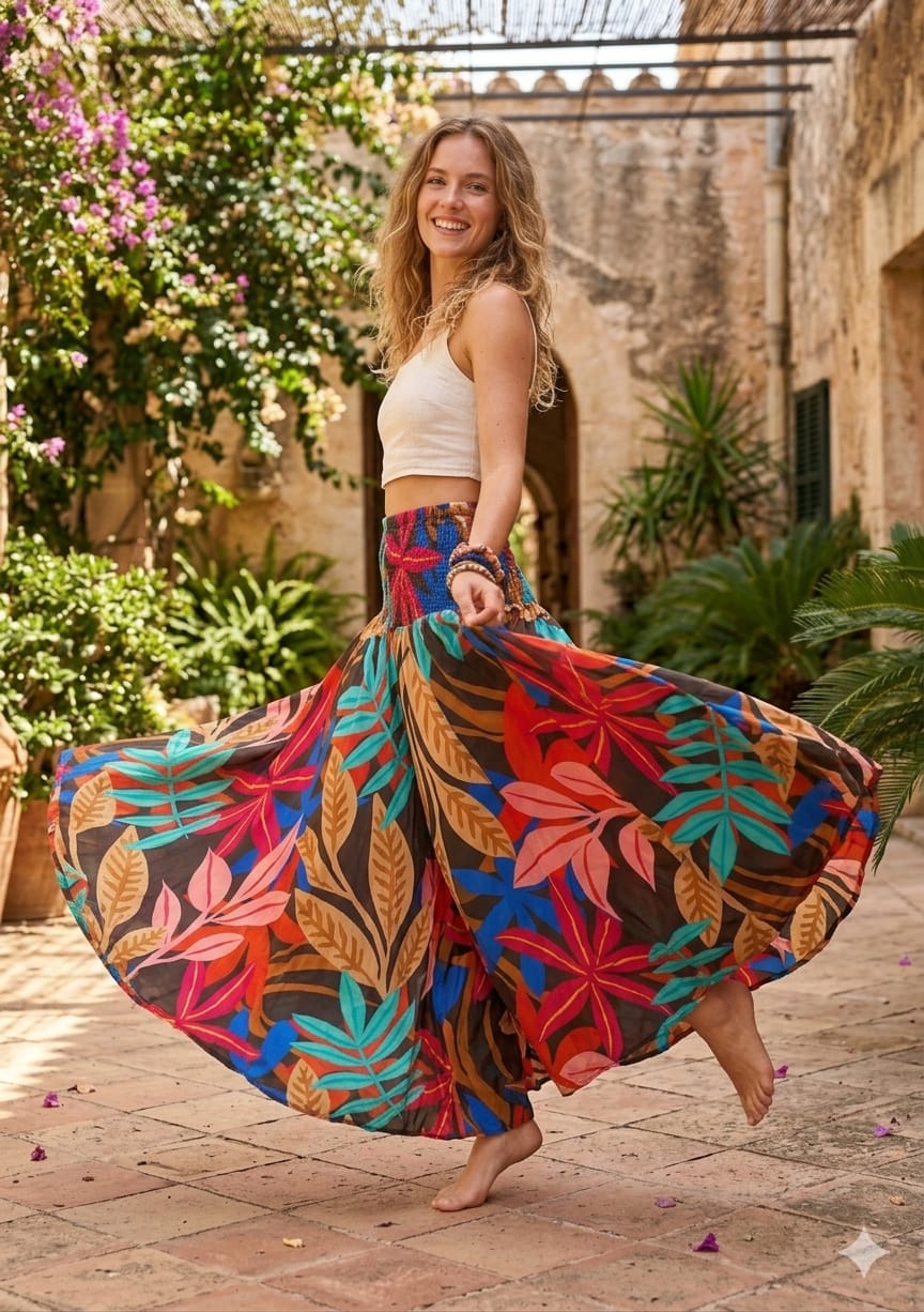 Elegant Multicolor Leaf Printed Cotton Flared Palazzo Pants with Smocked Waist