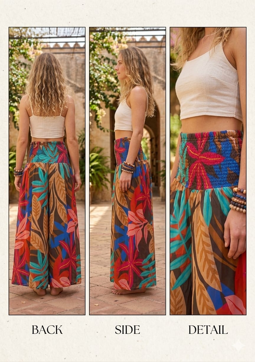 Elegant Multicolor Leaf Printed Cotton Flared Palazzo Pants with Smocked Waist