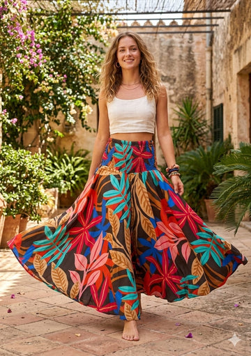 Elegant Multicolor Leaf Printed Cotton Flared Palazzo Pants with Smocked Waist