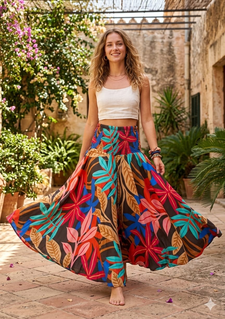 Elegant Multicolor Leaf Printed Cotton Flared Palazzo Pants with Smocked Waist