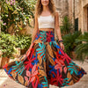 Elegant Multicolor Leaf Printed Cotton Flared Palazzo Pants with Smocked Waist