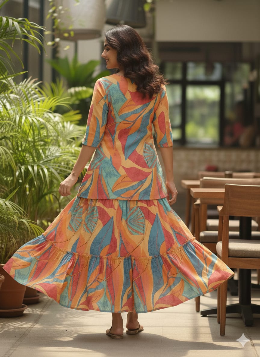 Women’s Multicolor Leaf Printed Cotton Kurta with Flared Skirt Set