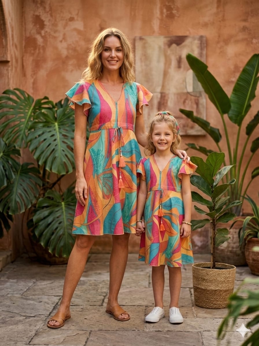 Mom & Me Multicolor Mix Leaf Printed Cotton Umbrella Style A-Line Dress with Drawstring Waist