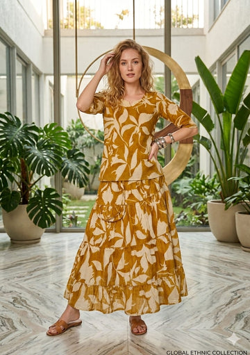 Women’s Mustard Leaf Printed Cotton Kurta with Flared Skirt Set
