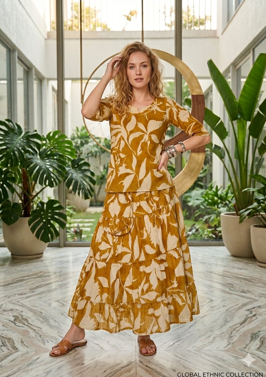 Women’s Mustard Leaf Printed Cotton Kurta with Flared Skirt Set