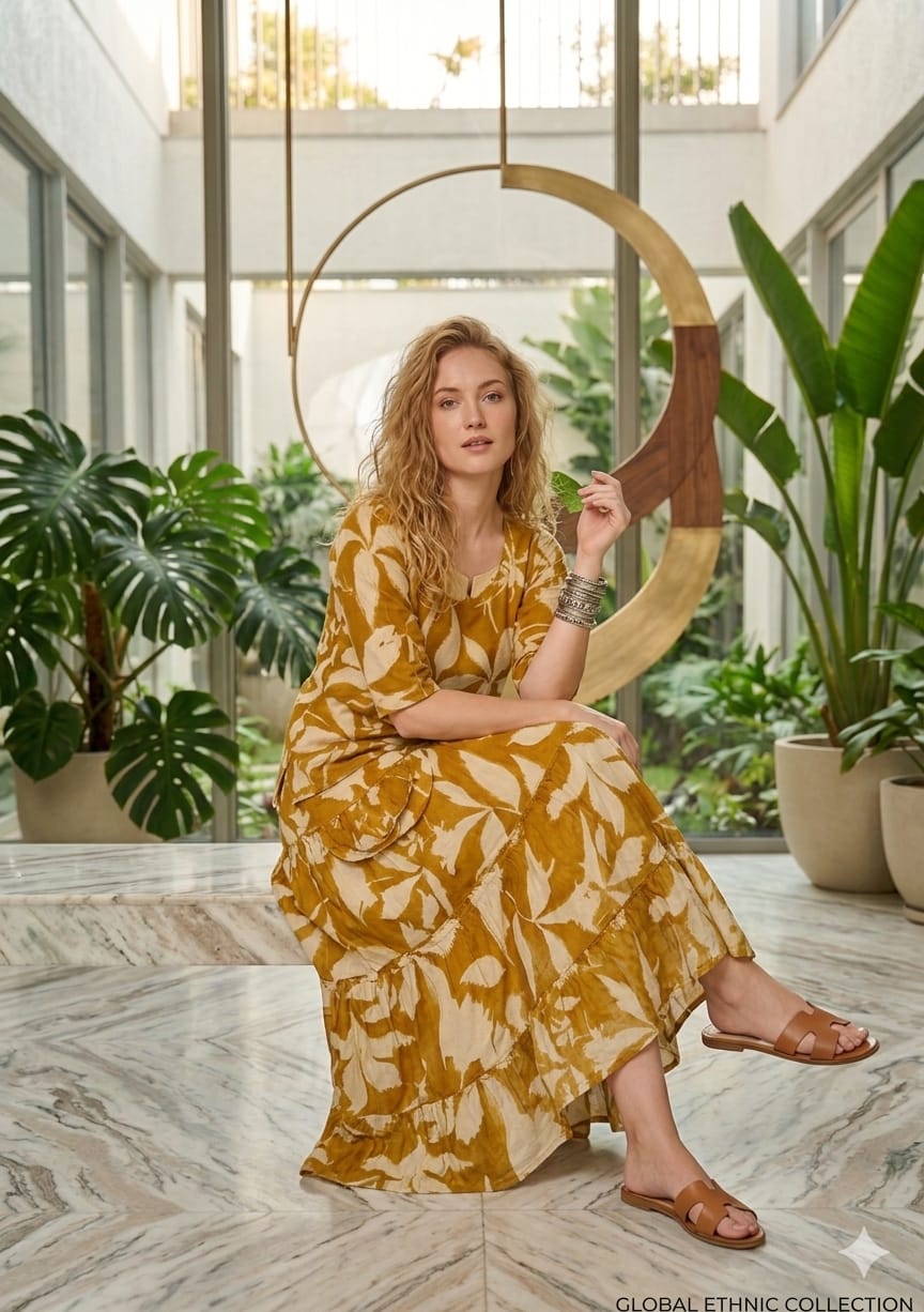 Women’s Mustard Leaf Printed Cotton Kurta with Flared Skirt Set