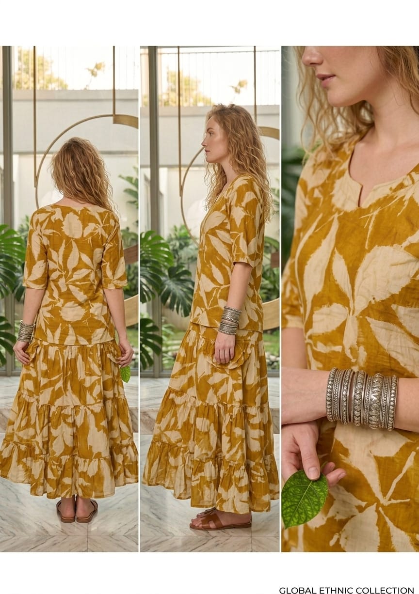 Women’s Mustard Leaf Printed Cotton Kurta with Flared Skirt Set