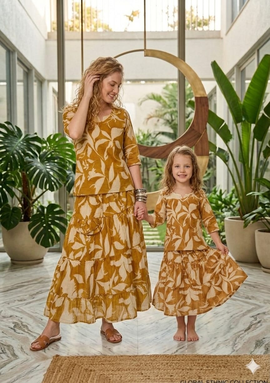 Mom & Me Mustard Leaf Printed Cotton Kurta with Flared Skirt Set