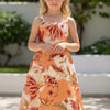Baby Girls Cotton Orange Floral Printed Strappy Midi A-Line Dress with Back Button-Down Style