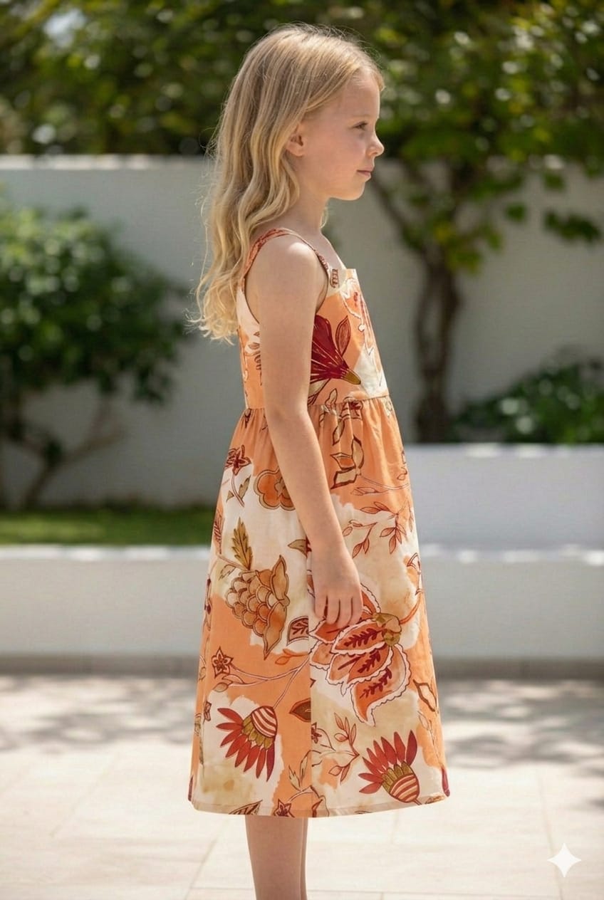 Baby Girls Cotton Orange Floral Printed Strappy Midi A-Line Dress with Back Button-Down Style