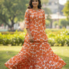 Women’s Orange Floral Printed Cotton Kurta with Flared Skirt Set