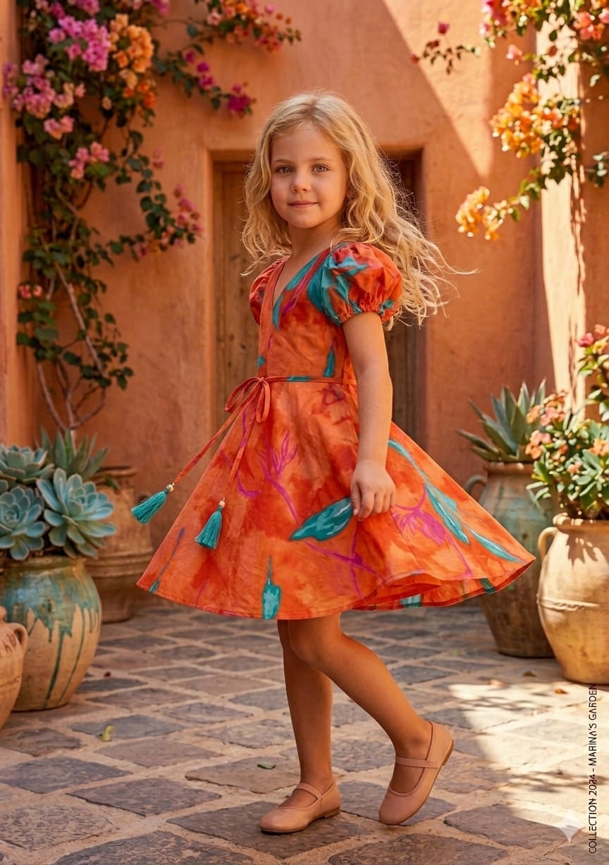 Baby Girls Orange Marbel Printed Cotton Umbrella Style A-Line Dress with Flutter Sleeves