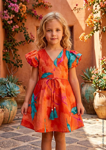 Baby Girls Orange Marbel Printed Cotton Umbrella Style A-Line Dress with Flutter Sleeves