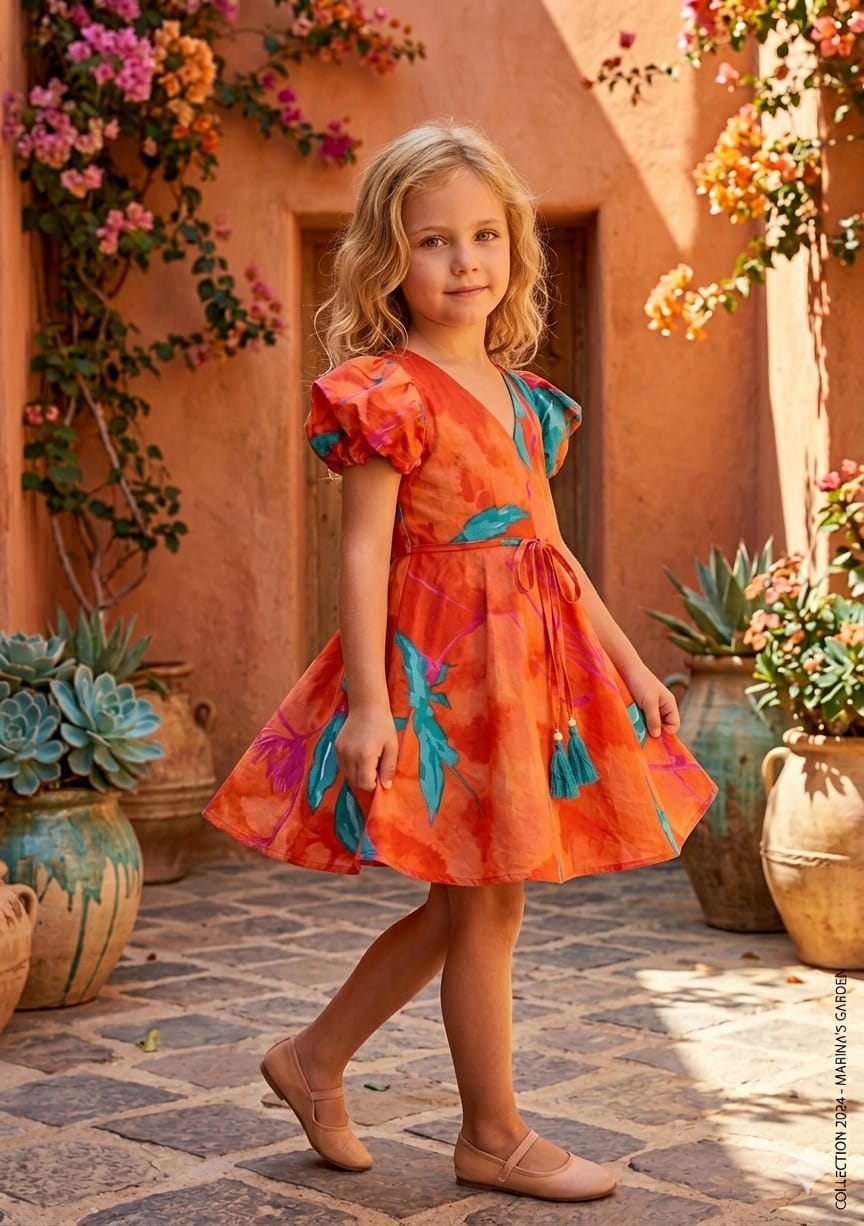 Baby Girls Orange Marbel Printed Cotton Umbrella Style A-Line Dress with Flutter Sleeves