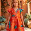Baby Girls Orange Marbel Printed Cotton Umbrella Style A-Line Dress with Flutter Sleeves