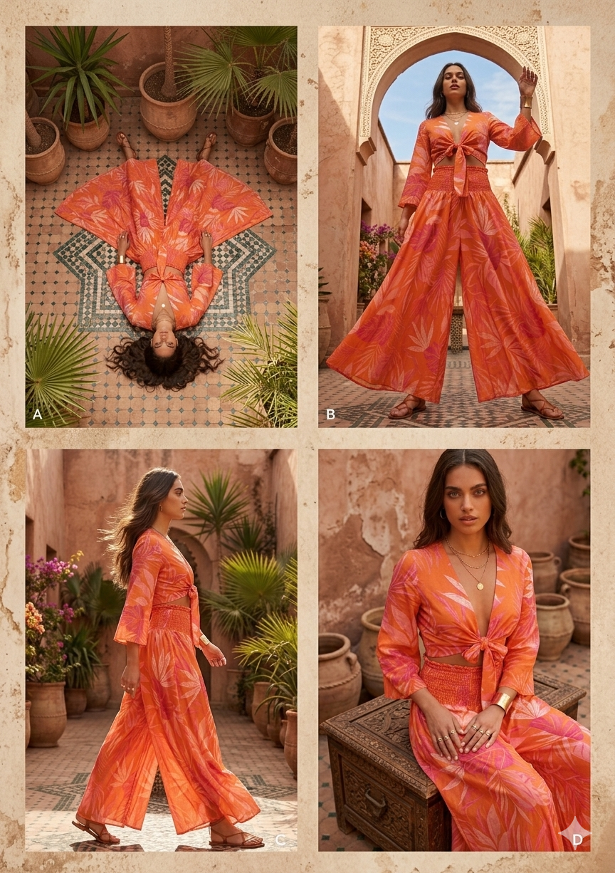Sunset Orange Tropical Print Co-Ord Set with Tie-Up Crop Top & Flared Palazzo