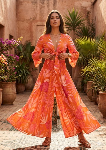 Sunset Orange Tropical Print Co-Ord Set with Tie-Up Crop Top & Flared Palazzo