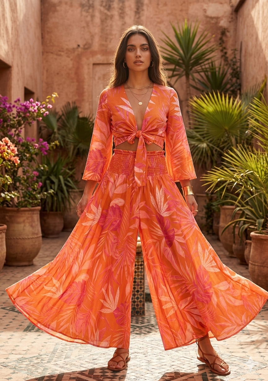 Sunset Orange Tropical Print Co-Ord Set with Tie-Up Crop Top & Flared Palazzo