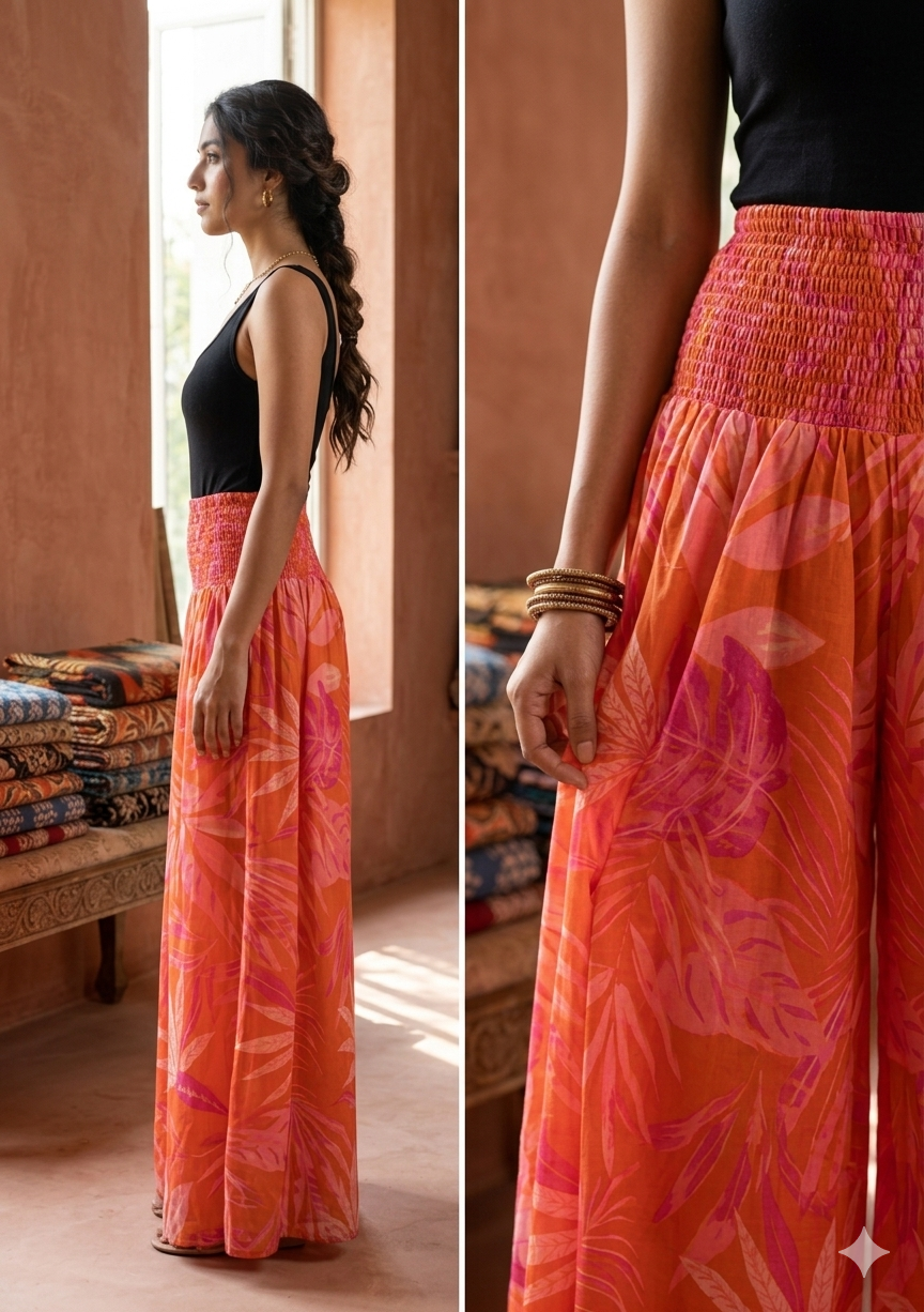 Women's Orange Tropical Leaf Print High-Waist Smocked Palazzo Pants