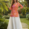 Women’s Orange Leaf Printed Cotton Kurta with Chikankari Flared Skirt Set