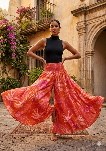 Women's Orange Tropical Leaf Print High-Waist Smocked Palazzo Pants