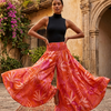 Women's Orange Tropical Leaf Print High-Waist Smocked Palazzo Pants
