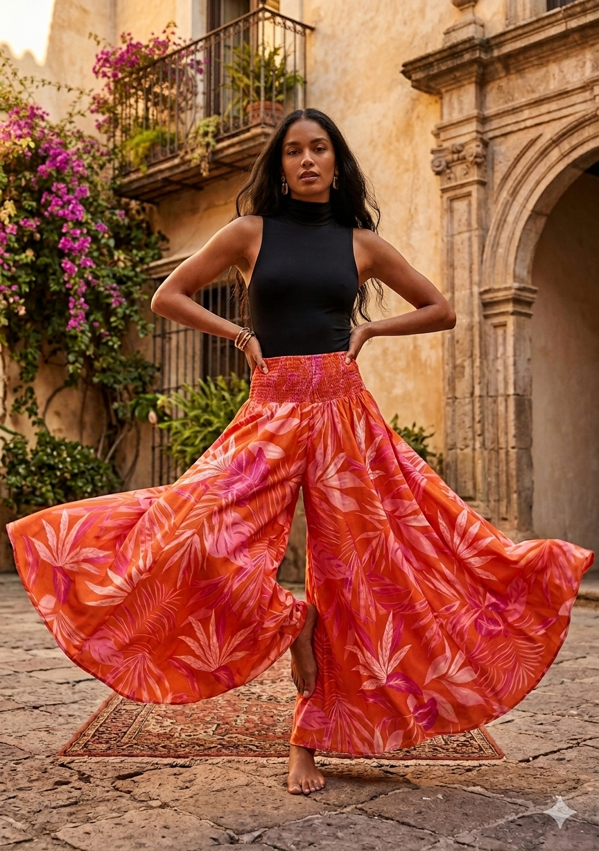 Women's Orange Tropical Leaf Print High-Waist Smocked Palazzo Pants