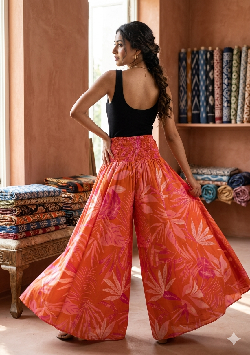 Women's Orange Tropical Leaf Print High-Waist Smocked Palazzo Pants