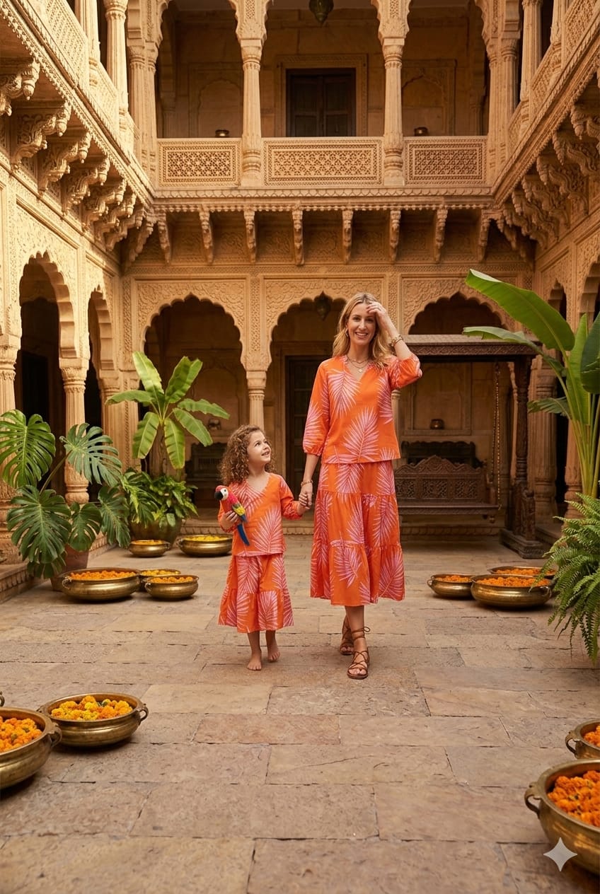 Mom & Me Orange Leaf Printed Cotton Kurta with Flared Skirt Set