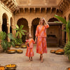 Mom & Me Orange Leaf Printed Cotton Kurta with Flared Skirt Set