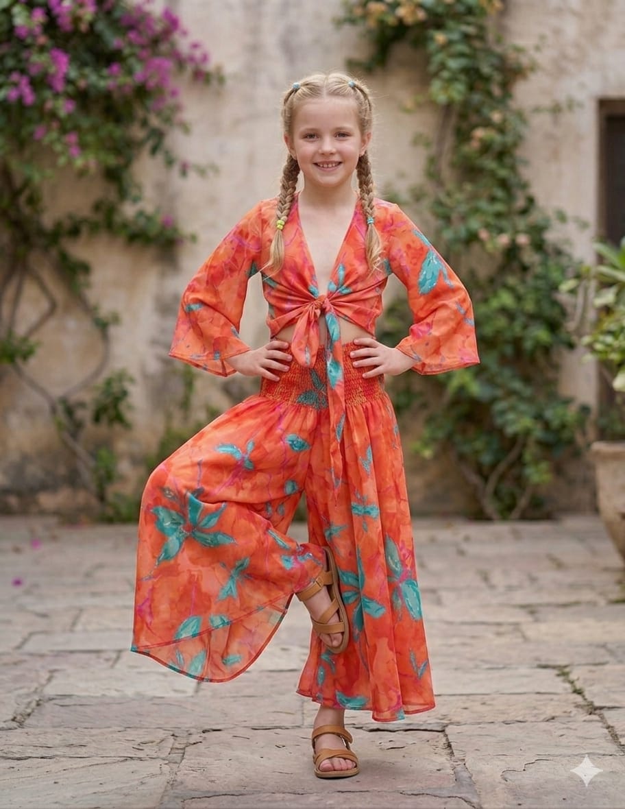 Baby Girls Orange Marbel Printed Tie-Front Crop Top & Flared Palazzo Pant Co-ord Set