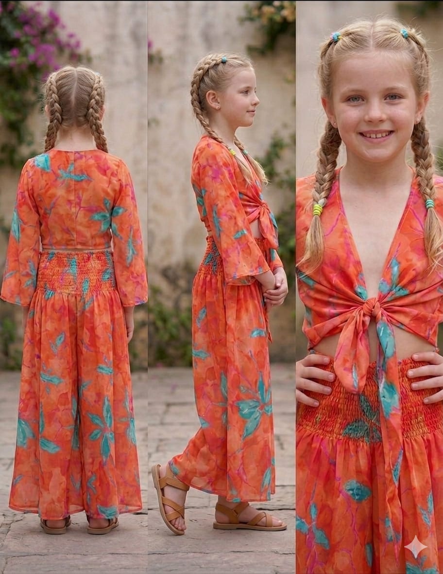 Baby Girls Orange Marbel Printed Tie-Front Crop Top & Flared Palazzo Pant Co-ord Set