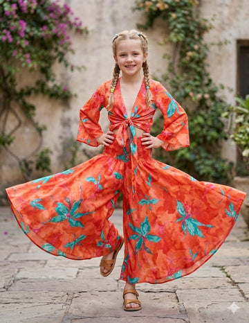Baby Girls Orange Marbel Printed Tie-Front Crop Top & Flared Palazzo Pant Co-ord Set