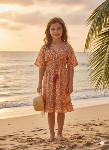 Girls Orange Floral Print Kaftan Dress with Smocked Waist & Tassel Tie-Up