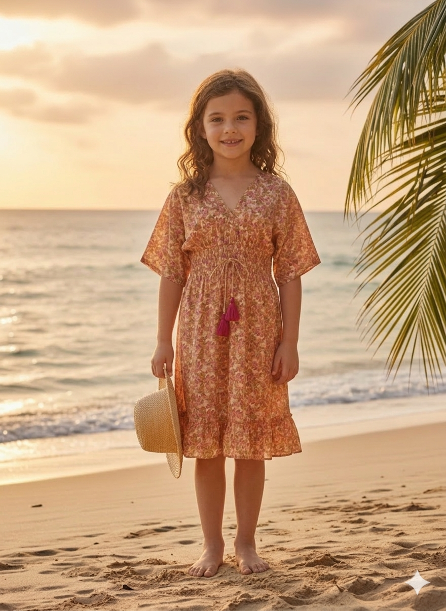 Girls Orange Floral Print Kaftan Dress with Smocked Waist & Tassel Tie-Up