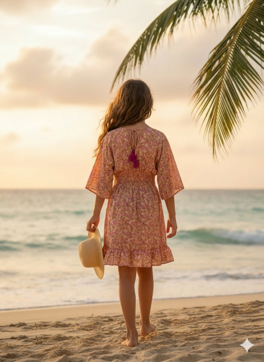 Girls Orange Floral Print Kaftan Dress with Smocked Waist & Tassel Tie-Up