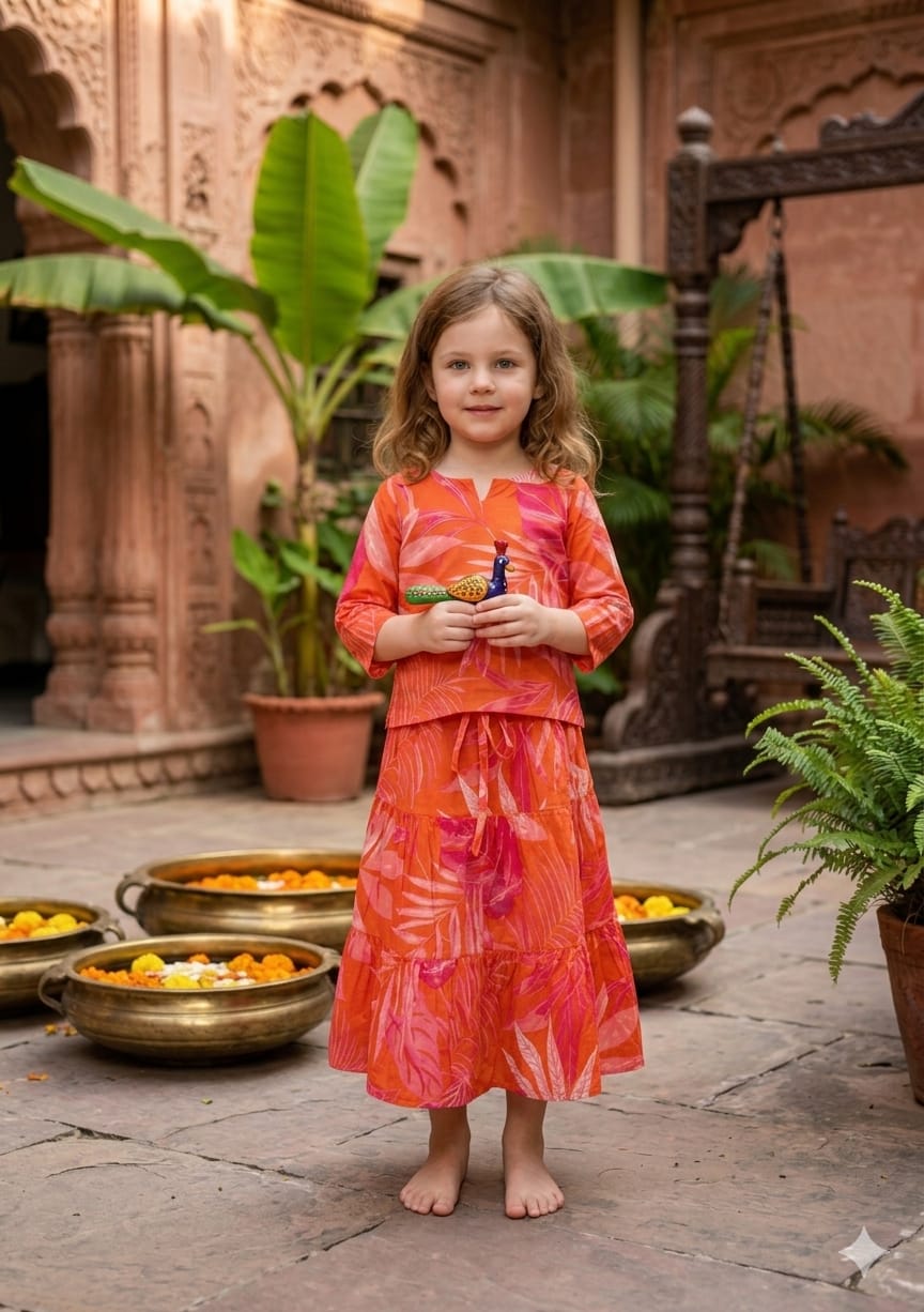 Mom & Me Orange Leaf Printed Cotton Kurta with Flared Skirt Set