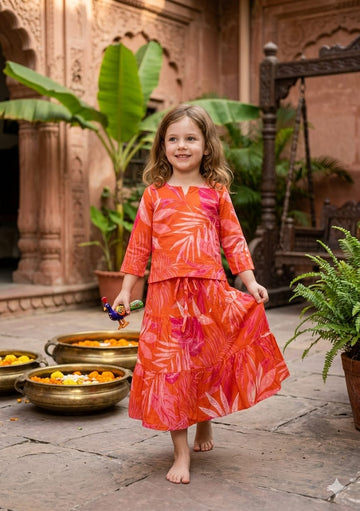 Baby Girls Orange Leaf Printed Cotton Kurta with Flared Skirt Set