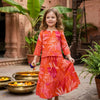 Baby Girls Orange Leaf Printed Cotton Kurta with Flared Skirt Set