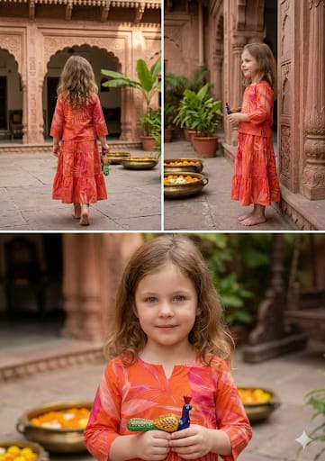 Baby Girls Orange Leaf Printed Cotton Kurta with Flared Skirt Set