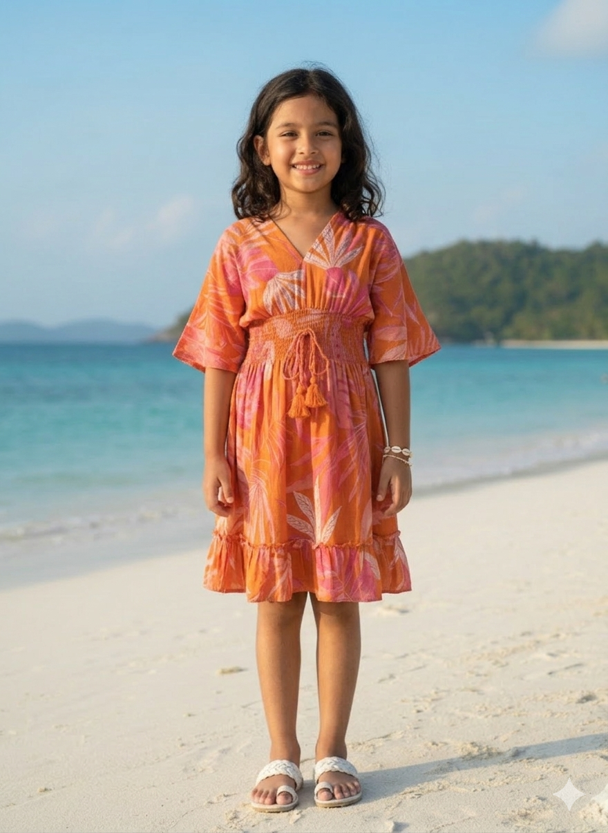 Girls Orange Tropical Leaf Print Kaftan Dress with Smocked Waist & Tassel Tie-Up