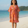 Girls Orange Tropical Leaf Print Kaftan Dress with Smocked Waist & Tassel Tie-Up