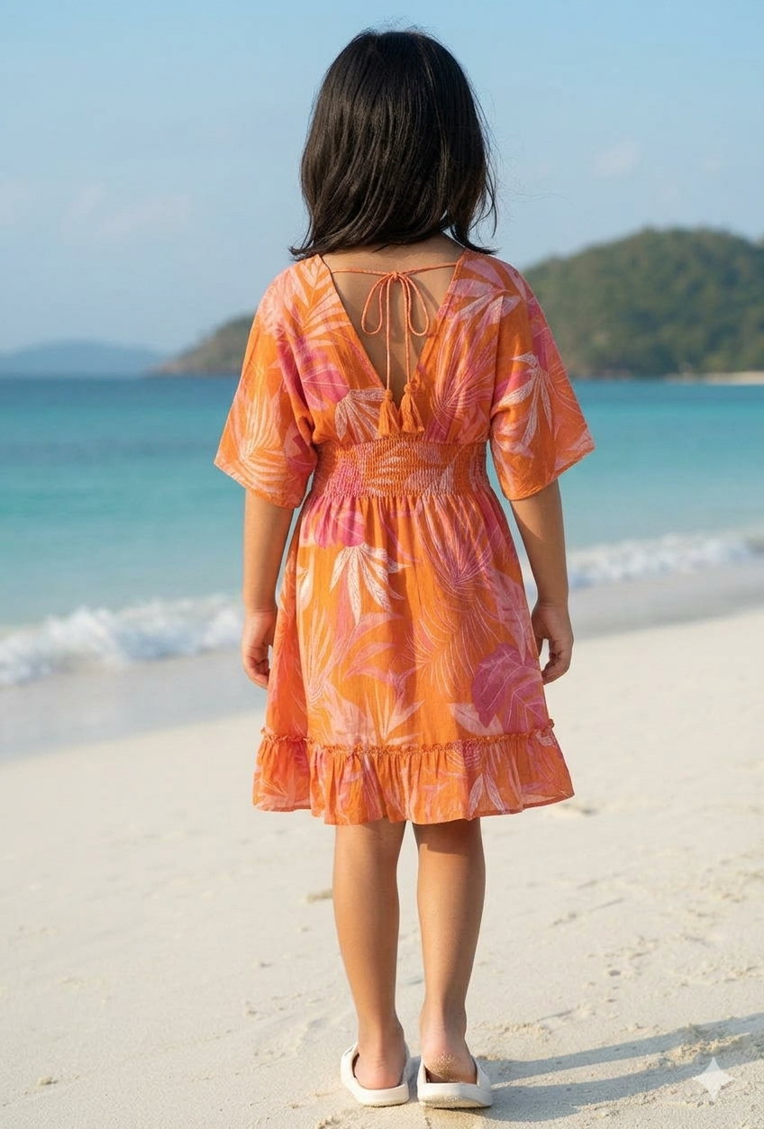 Girls Orange Tropical Leaf Print Kaftan Dress with Smocked Waist & Tassel Tie-Up