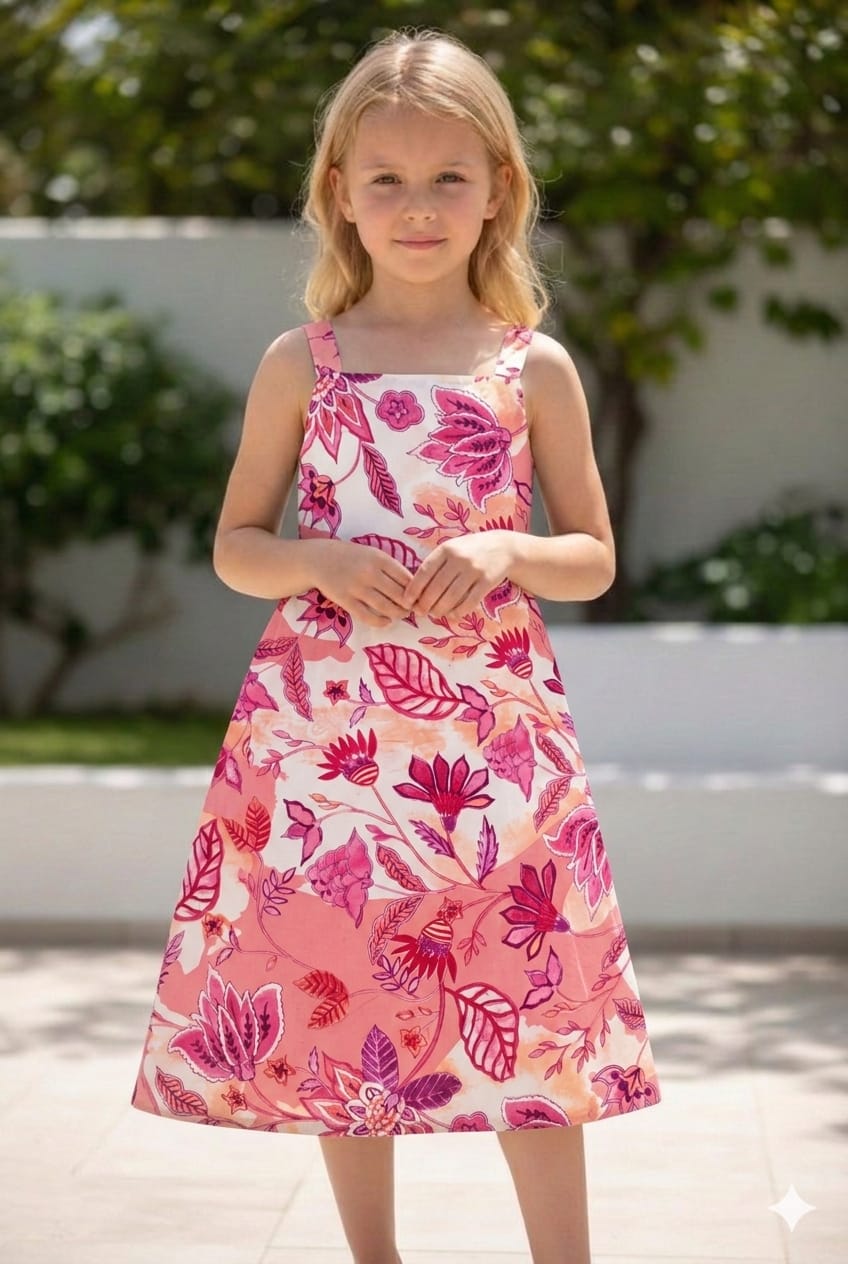 Baby Girls Cotton Pink Botanical Printed Strappy Midi A-Line Dress with Back Button-Down Style