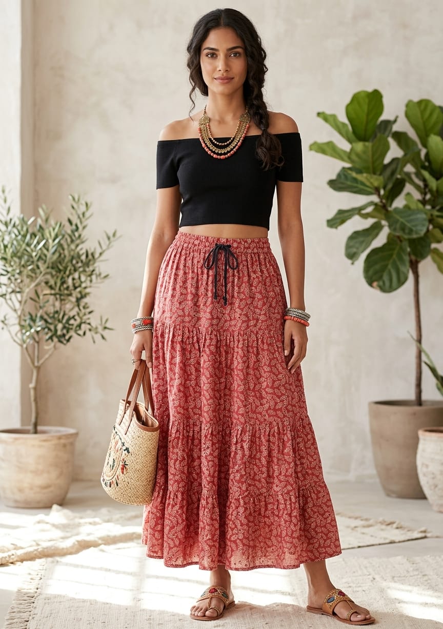 Women’s Boho Printed Cotton Tiered Skirt