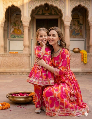 Mom & Daughter Pink Abstract Print Rayon Anarkali Kurta Set