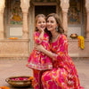 Mom & Daughter Pink Abstract Print Rayon Anarkali Kurta Set