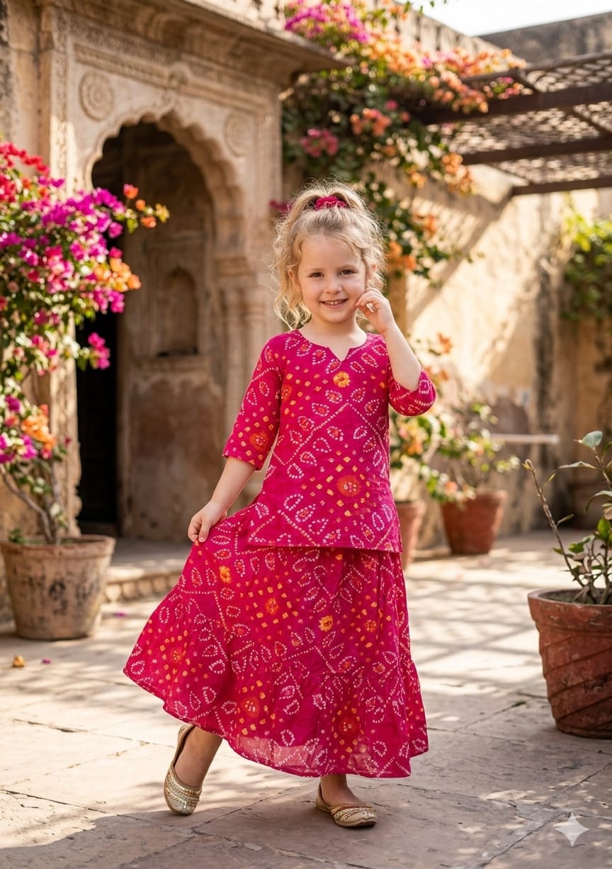 Mom & Me Pink Bandhej Printed Cotton Kurta with Flared Skirt Set