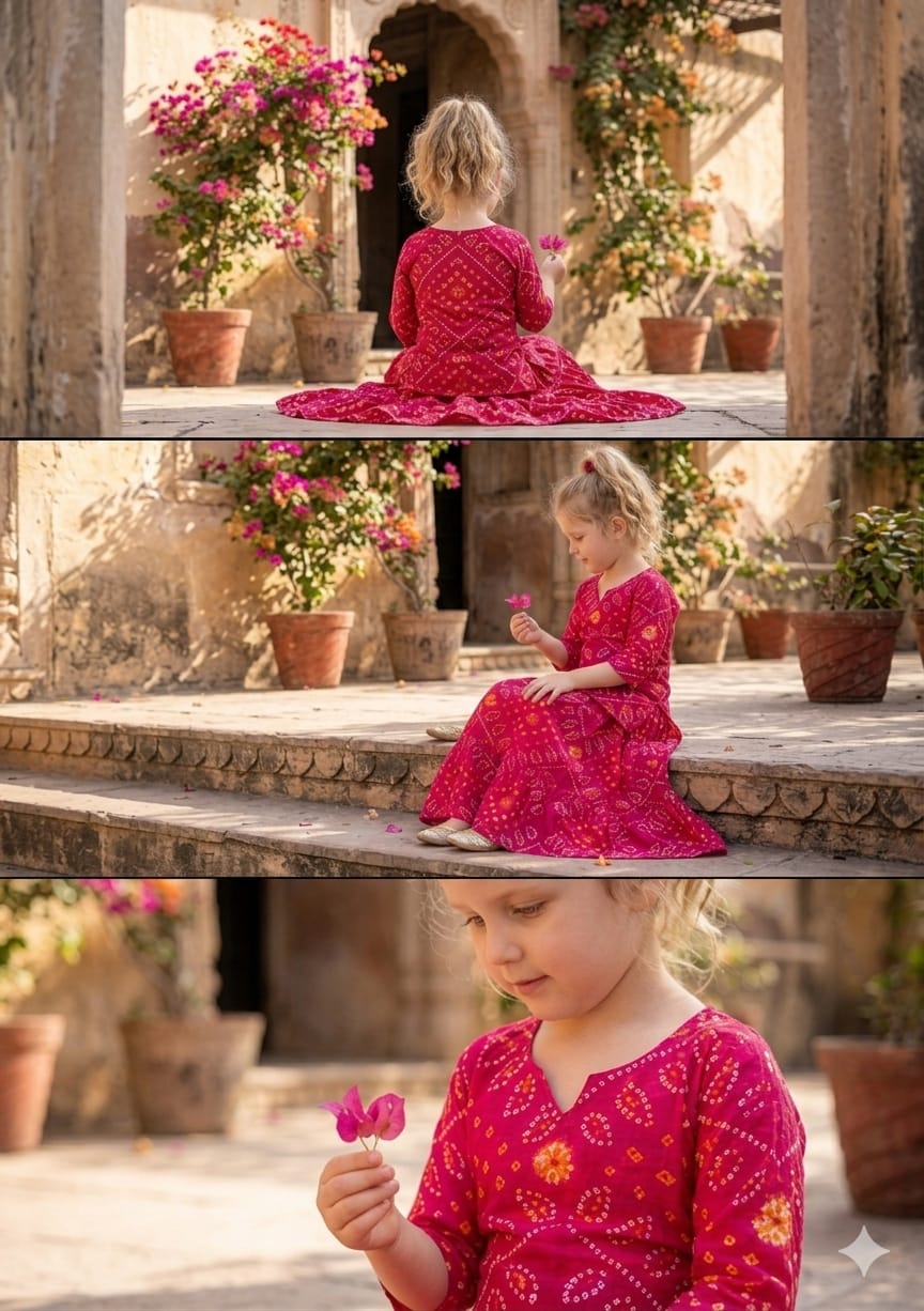 Baby Girls Pink Bandhej Printed Cotton Kurta with Flared Skirt Set