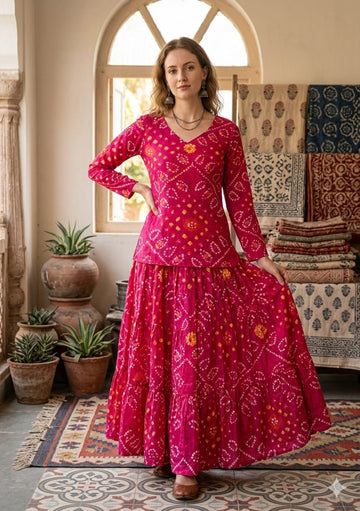 Women’s Pink Bandhej Printed Cotton Kurta with Flared Skirt Set